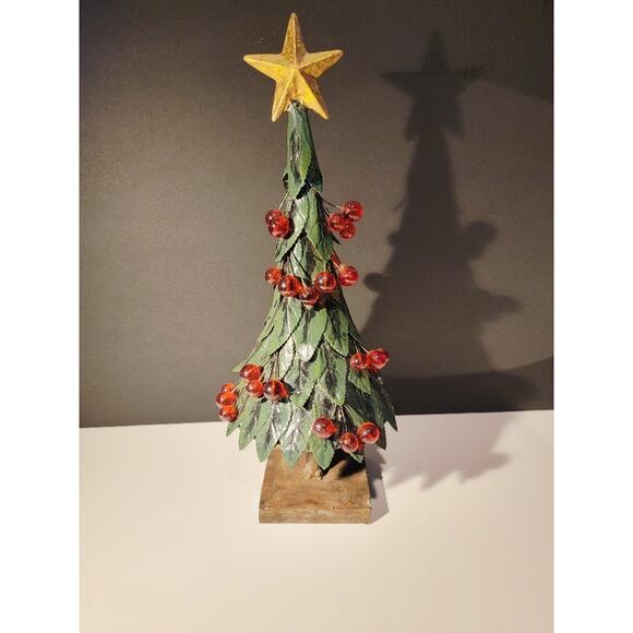 VTG Tabletop Metal Christmas Tree Holly Berries Star Rustic Weighted 14" Green - Picture 6 of 11